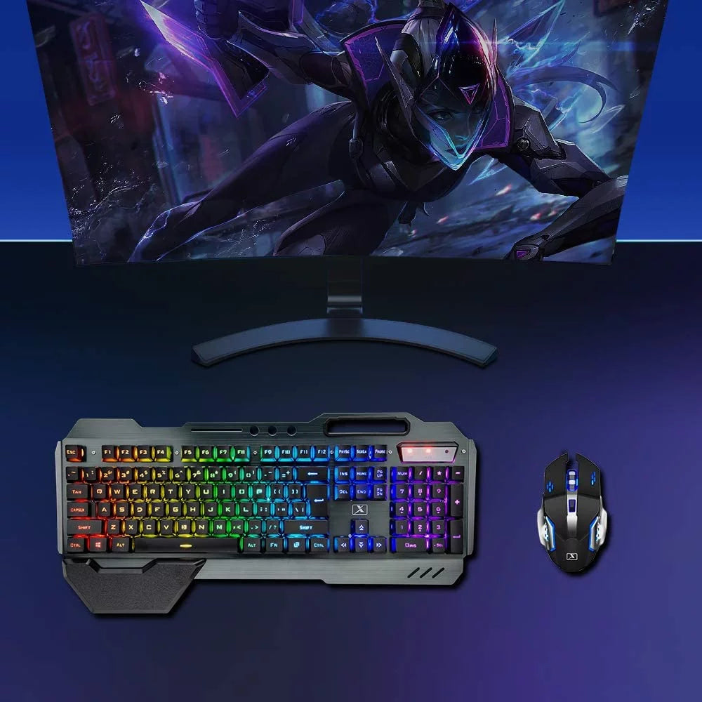 Wireless Gaming Keyboard and Mouse Set with RGB Backlighting, Rechargeable Mouse, Removable Hand Rest, Full-Size Design
