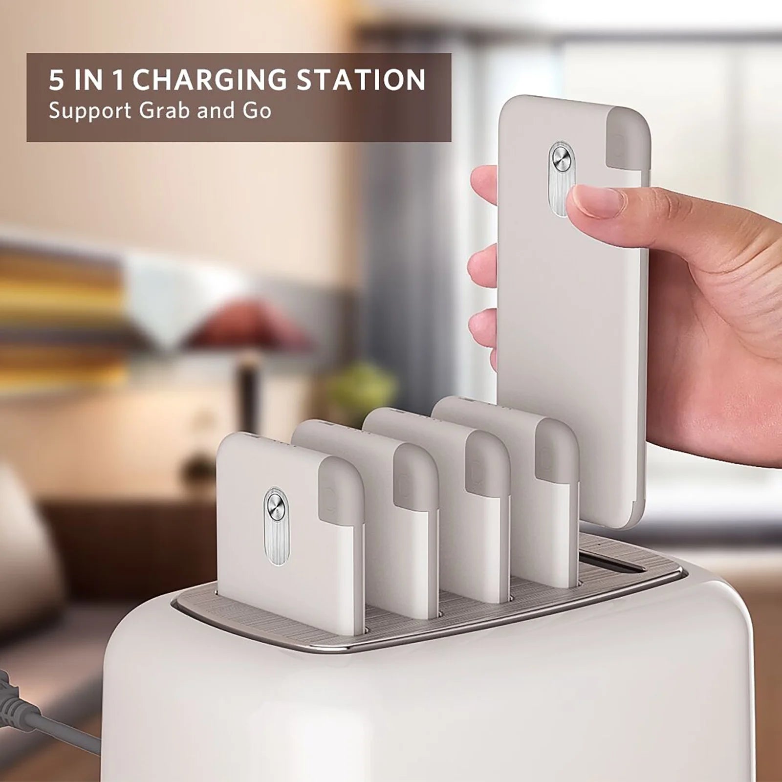 Wireless Charging Station and Power Bank Set, 10000mAh Portable Charger with Built-in Cables for iPhone, Samsung, and Android - Ideal for Home, Office, and Hospitality (White)