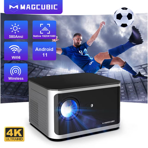 4K Smart Projector with Android 11, 580 ANSI Lumens, 1920x1080P Full HD, WiFi 6, Bluetooth 5.0, Allwinner H713, and Voice Control for Home Theater