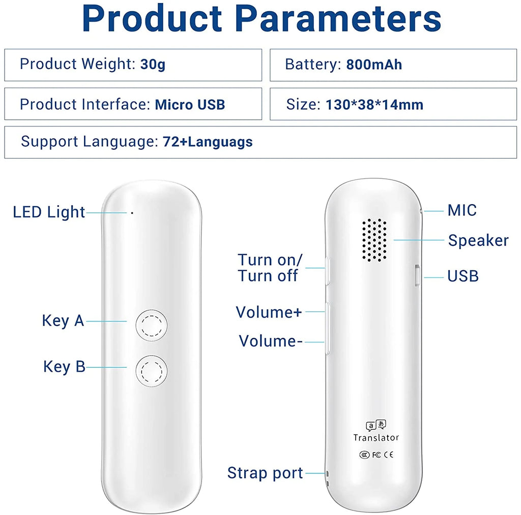 Portable Language Translator Device with Real-Time 2-Way Translation for 72+ Languages - Ideal for Travel, Learning, Business, and Communication
