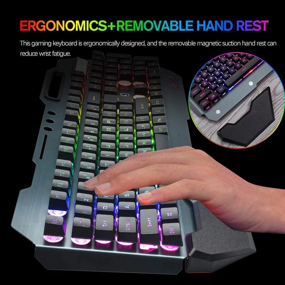 Wireless Gaming Keyboard and Mouse Set with RGB Backlighting, Rechargeable Mouse, Removable Hand Rest, Full-Size Design