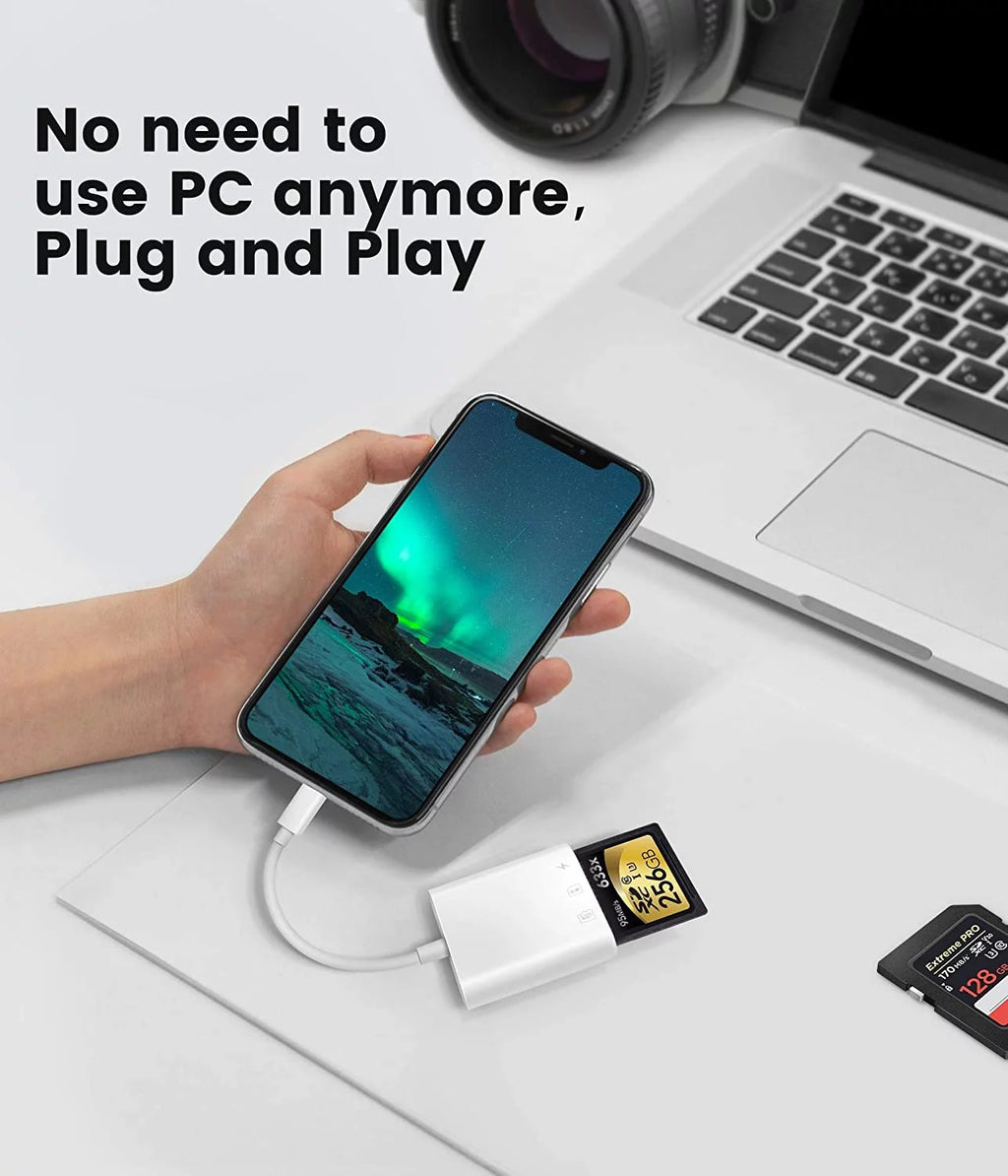 SD Card Reader for iPhone and iPad, Dual Slot Micro SD Card Viewer for Trail Cameras and SLRs, Photography Memory Card Adapter, Plug and Play