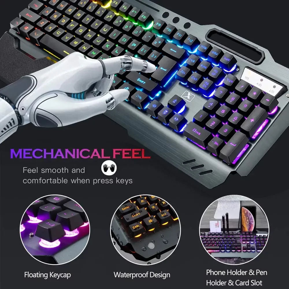Wireless Gaming Keyboard and Mouse Set with RGB Backlighting, Rechargeable Mouse, Removable Hand Rest, Full-Size Design