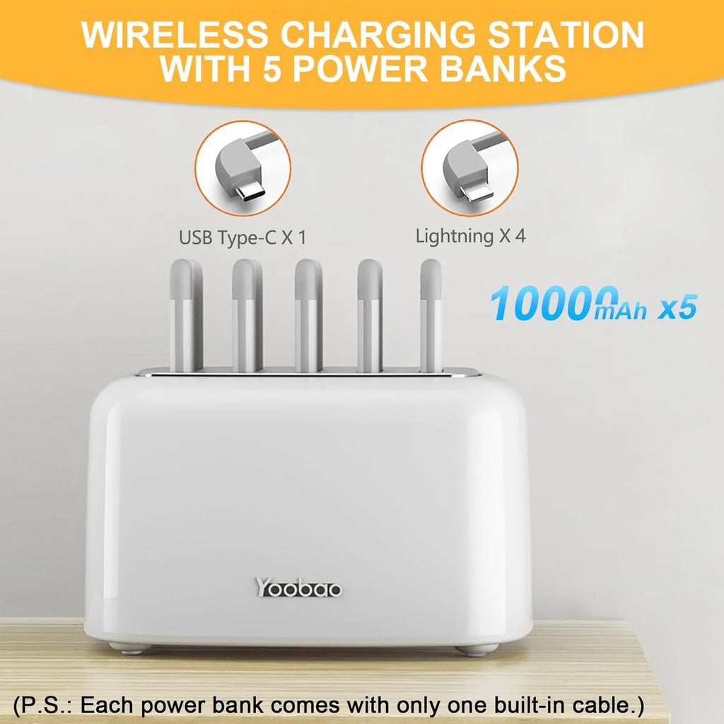 Wireless Charging Station and Power Bank Set, 10000mAh Portable Charger with Built-in Cables for iPhone, Samsung, and Android - Ideal for Home, Office, and Hospitality (White)