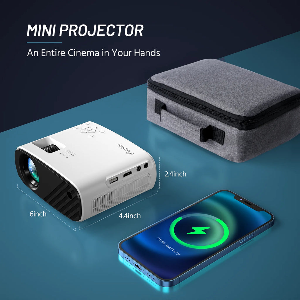 Portable 1080P Mini Projector for Movies, Compatible with Android and iOS, White