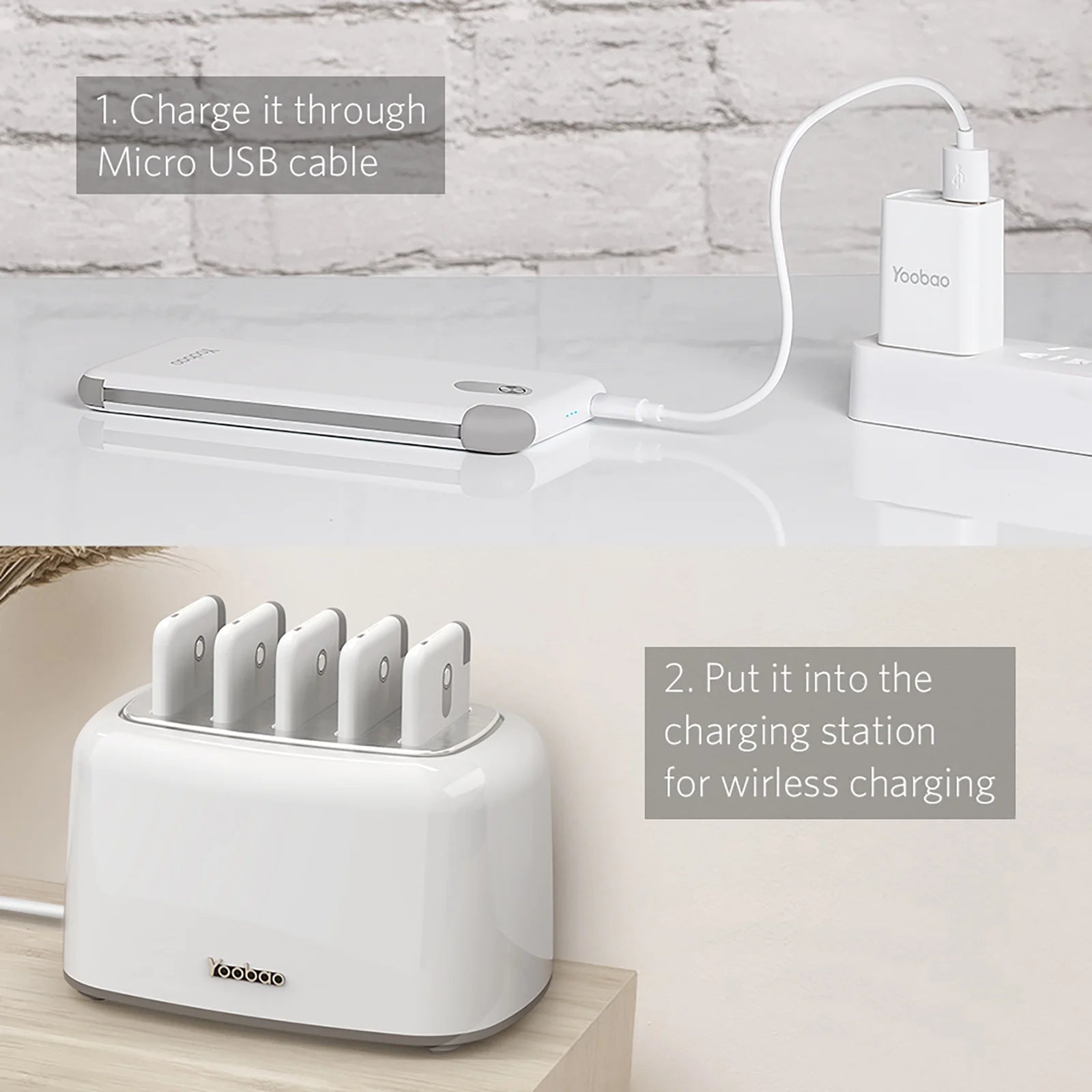 Wireless Charging Station and Power Bank Set, 10000mAh Portable Charger with Built-in Cables for iPhone, Samsung, and Android - Ideal for Home, Office, and Hospitality (White)