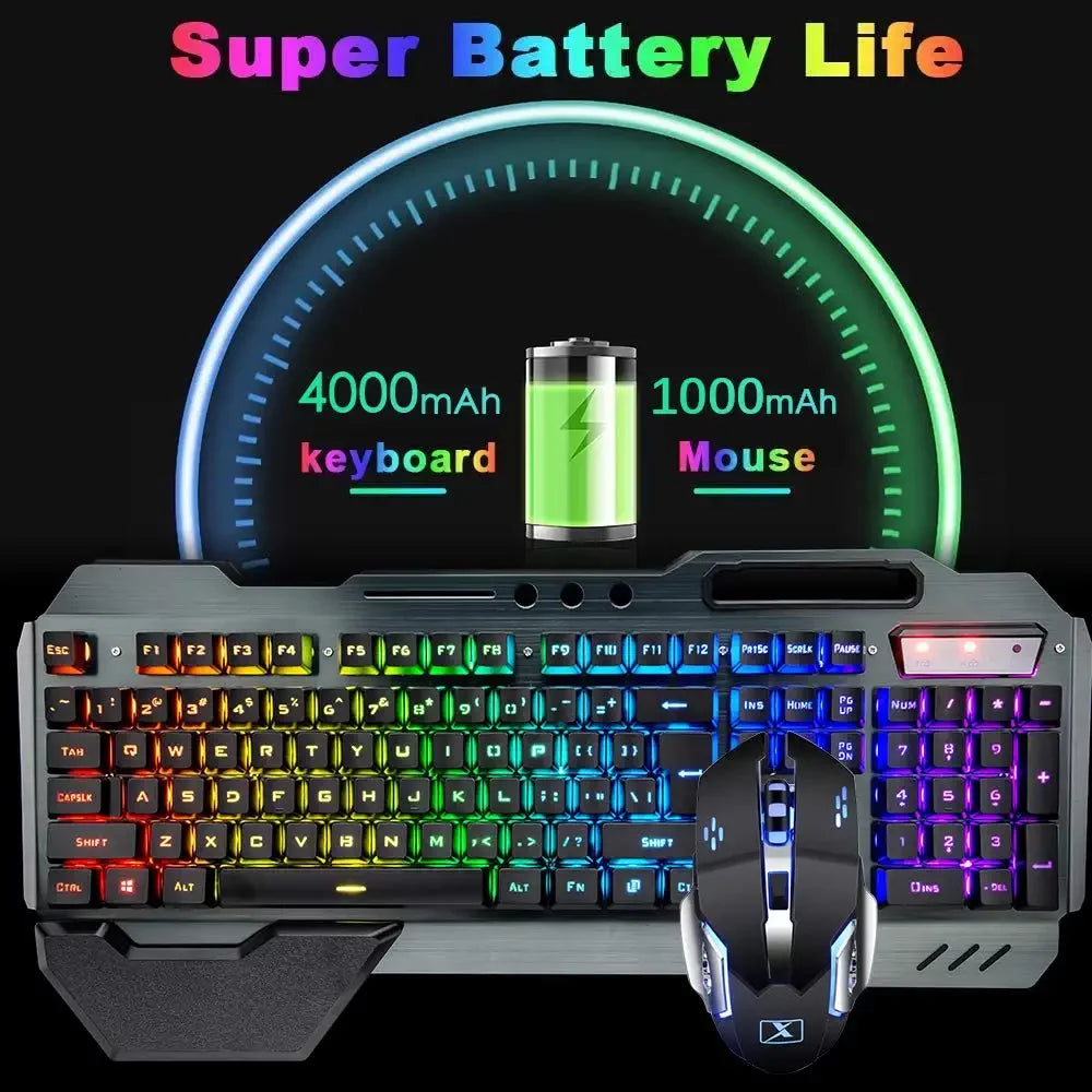 Wireless Gaming Keyboard and Mouse Set with RGB Backlighting, Rechargeable Mouse, Removable Hand Rest, Full-Size Design