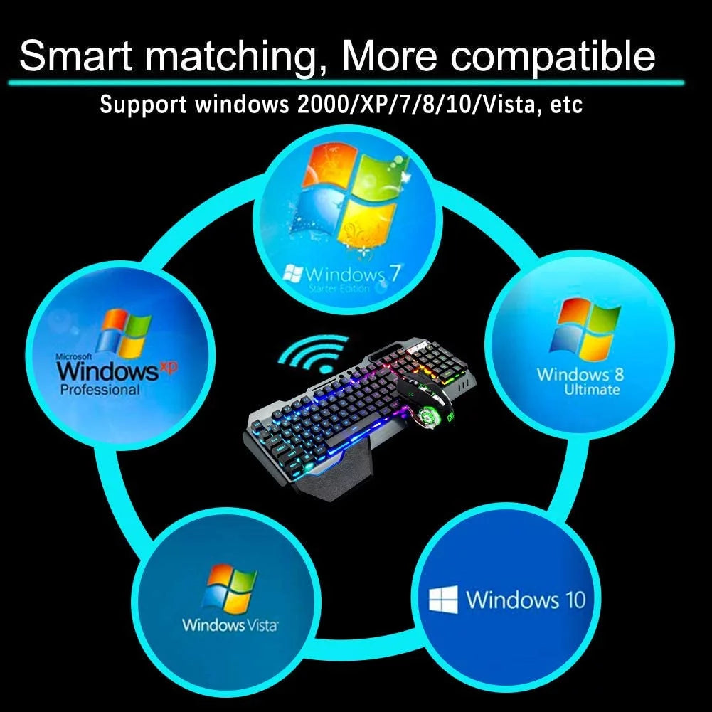 Wireless Gaming Keyboard and Mouse Set with RGB Backlighting, Rechargeable Mouse, Removable Hand Rest, Full-Size Design