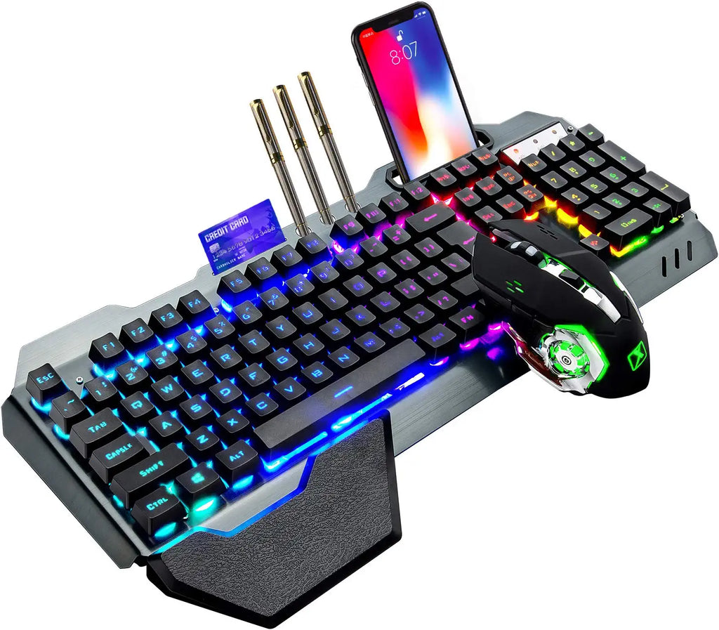 Wireless Gaming Keyboard and Mouse Set with RGB Backlighting, Rechargeable Mouse, Removable Hand Rest, Full-Size Design
