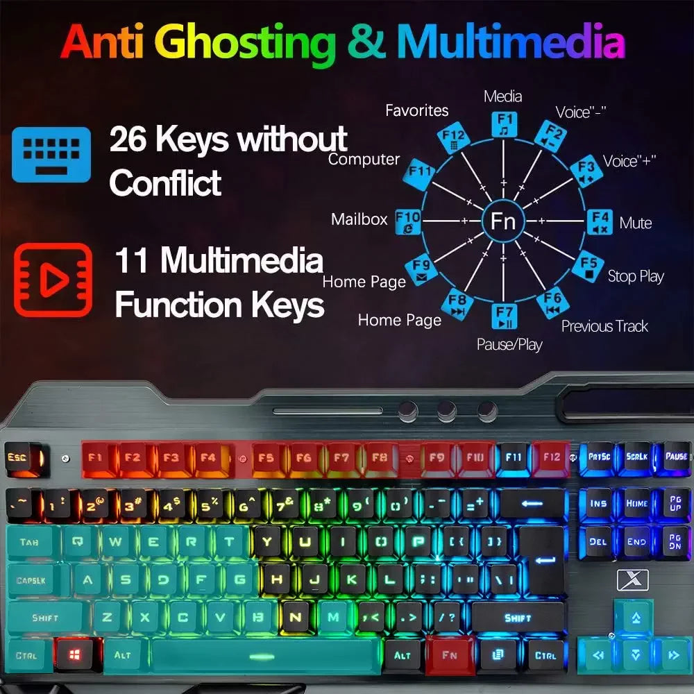 Wireless Gaming Keyboard and Mouse Set with RGB Backlighting, Rechargeable Mouse, Removable Hand Rest, Full-Size Design