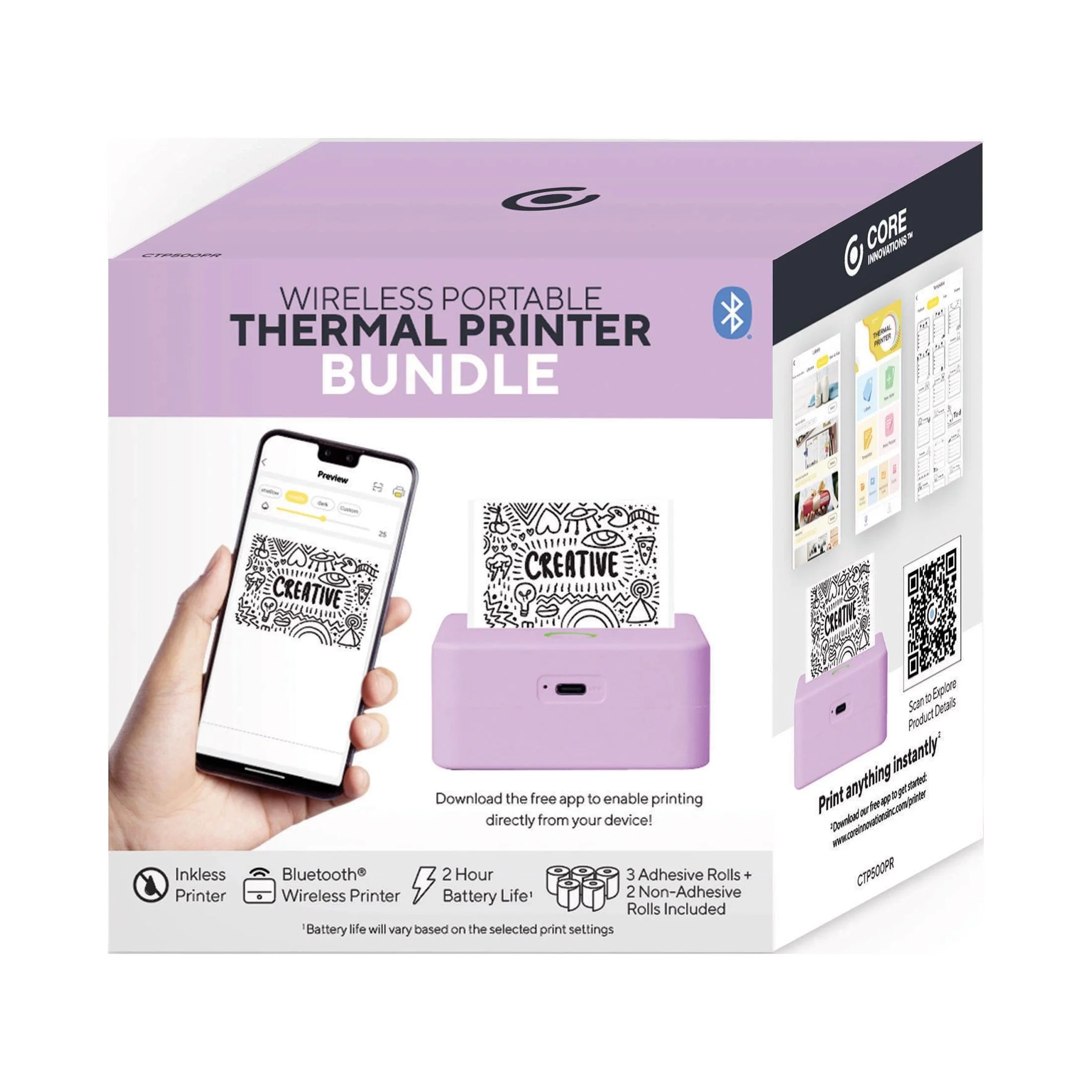 CTP500 Wireless Mini Portable Inkless Thermal Printer and Label Maker with Paper for Android and iOS (Purple)