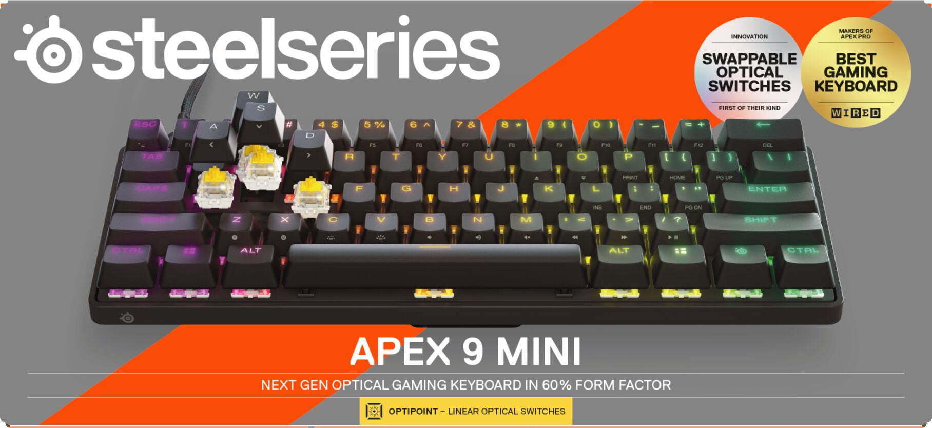 Apex 9 Mini 60% Wired Gaming Keyboard with Optipoint Adjustable Actuation Switch and RGB Lighting - Black