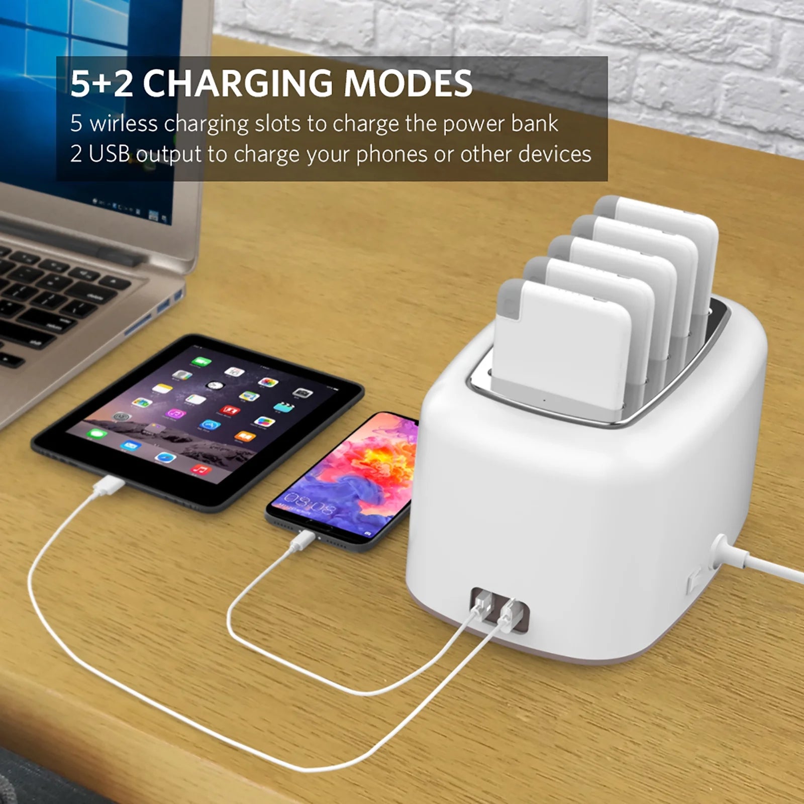Wireless Charging Station and Power Bank Set, 10000mAh Portable Charger with Built-in Cables for iPhone, Samsung, and Android - Ideal for Home, Office, and Hospitality (White)
