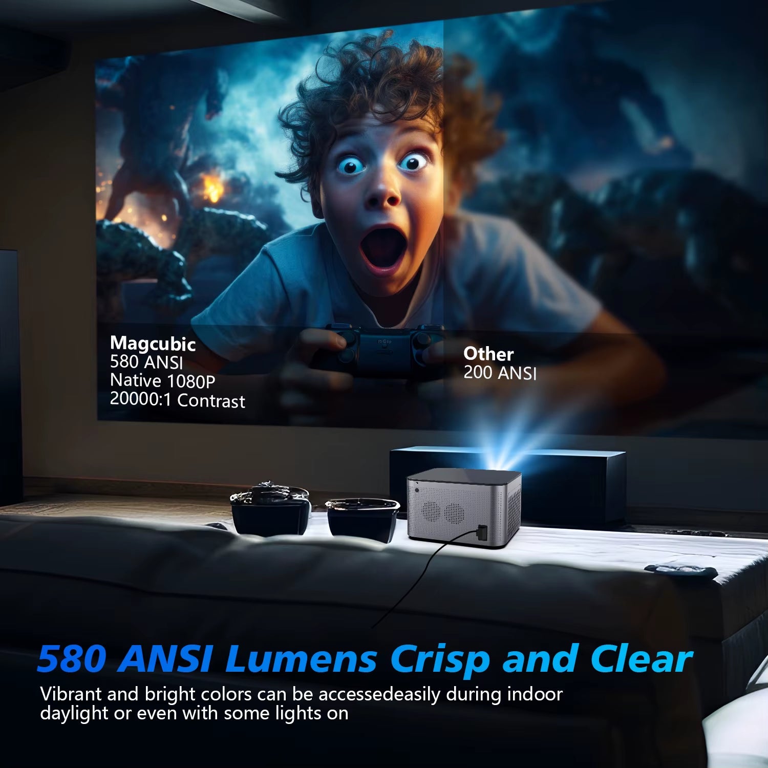 4K Smart Projector with Android 11, 580 ANSI Lumens, 1920x1080P Full HD, WiFi 6, Bluetooth 5.0, Allwinner H713, and Voice Control for Home Theater