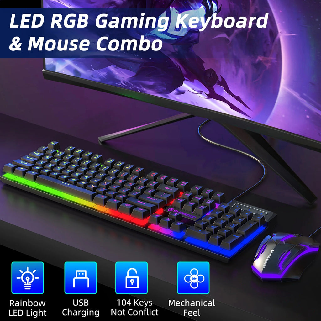 RGB LED Backlit Wired Gaming Keyboard and Mouse Combo with 26 Anti-Ghosting Keys for PC and Laptop Use, Black